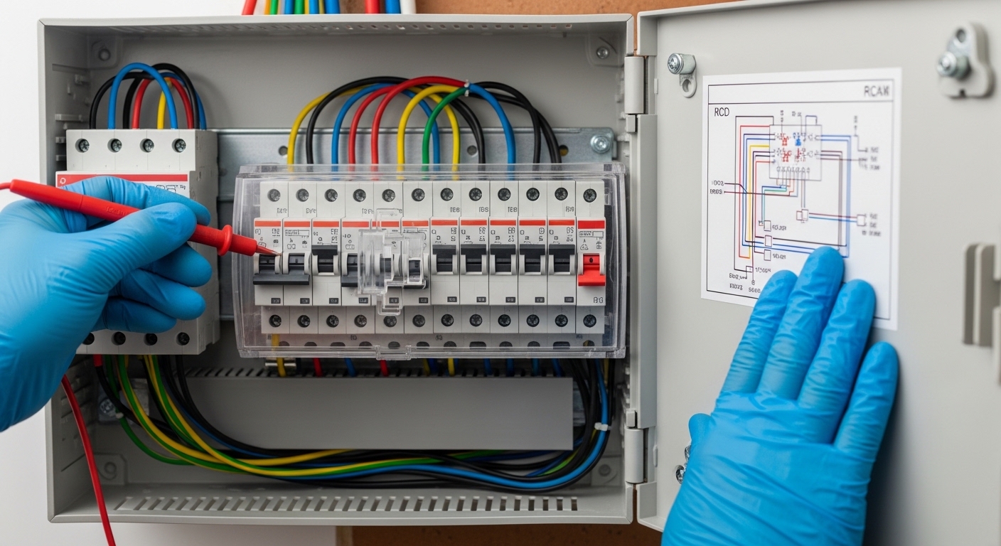 Electrician testing a completed circuit at an open consumer unit with certification paperwork